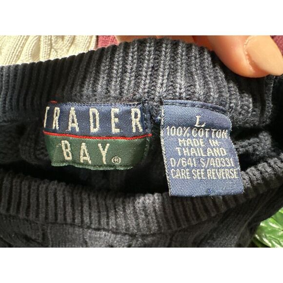 Vintage TRADER BAY 100% Cotton Cable Knit Striped Sweater Size Large - Picture 2 of 5
